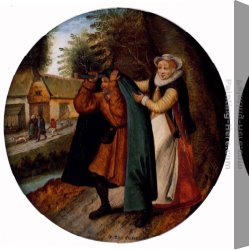 Wife Canvas Paintings - A Flemish Proverb 'A Wife Hiding Her Infidelity From Her Husband Under A Blue Cloak' by Pieter the Younger Brueghel