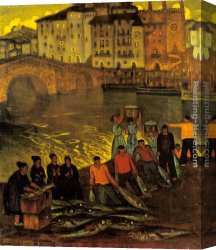 Harbour Canvas Paintings - Fisherfolk In A Harbour Town by Ramon De Zubiaurre