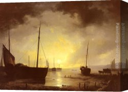 Dordrecht Harbour by Moonlight Canvas Paintings - Beached Fishing Boats by Moonlight by Remigius Adriannus van Haanen