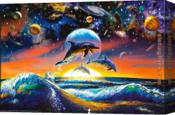 Puffins Over Sea Canvas Paintings - Dolphin Universe by Sea life