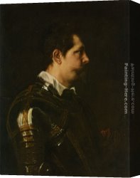 Bust Canvas Paintings - Portrait of a Military Commander bust length in Profile in Damascened armour with white collar and red sash by Sir Antony van Dyck