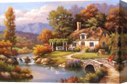 Stream Canvas Paintings - Cottage Stream by Sung Kim