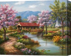Promise of Spring Canvas Paintings - Covered Bridge in Spring by Sung Kim