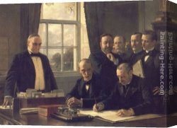 Peace Canvas Paintings - The Signing of the Protocol of Peace Between the United States and Spain on August 12, 1898 by Theobald Chartran