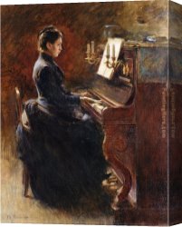 Girls Playing in Surf Canvas Paintings - Girl at Piano by Theodore Robinson