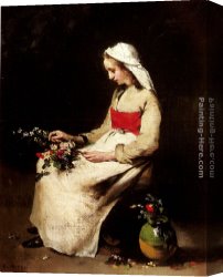 Waterhouse Gather Flower Girls Canvas Paintings - A Girl Arranging A Vase Of Flowers by Theodule Augustine Ribot