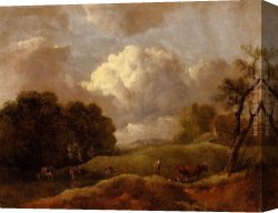 Landscape with Cattle Canvas Paintings - An Extensive Landscape With Cattle And A Drover by Thomas Gainsborough
