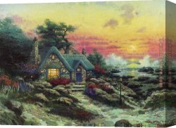 Puffins Over Sea Canvas Paintings - cottage by the sea by Thomas Kinkade