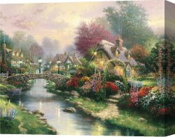 Waterlilies And Japanese Bridge Canvas Paintings - Lamplight bridge by Thomas Kinkade