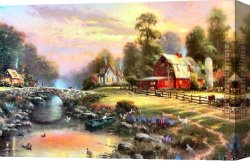 Lake Como Sunset Sail Canvas Paintings - Sunset at Riverbend Farm by Thomas Kinkade