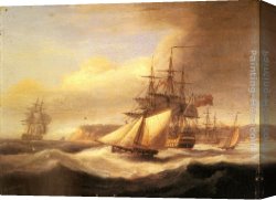 Head Canvas Paintings - Naval ships setting sail with a revenue cutter off Berry Head, Torbay by Thomas Luny