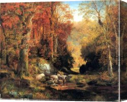Autumn Canvas Paintings - Cresheim Glen, Wissahickon, Autumn by Thomas Moran