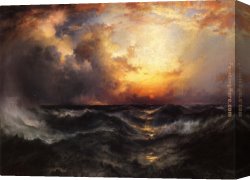 Seascape on a Cliff with Boat And Sunset Canvas Paintings - Sunset in Mid-Ocean by Thomas Moran