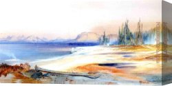 Yellowstone Canvas Paintings - The Yellowstone Lake with Hot Springs by Thomas Moran