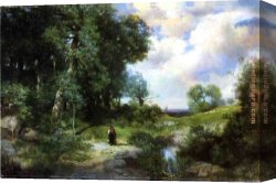 A Young Girl And Her Dog Canvas Paintings - Young Girl in a Long Island Landscape by Thomas Moran