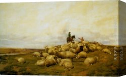 Landscape with Shepherds Watering Their Flocks Canvas Paintings - A Shepherd With His Flock by Thomas Sidney Cooper