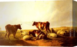 Landscape with Cattle Canvas Paintings - Cattle and Sheep in a Landscape by Thomas Sidney Cooper