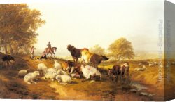 Landscape with Cattle Canvas Paintings - Cattle and Sheep Resting in an Extensive Landscape by Thomas Sidney Cooper