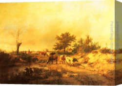 Cathedral Canvas Paintings - Near Canterbury a Boy on a Donkey driving Cattle along a Road, the Cathedral beyond by Thomas Sidney Cooper