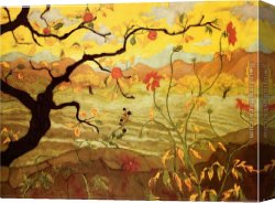 Untitled Green Red on Orange 1951 Canvas Paintings - Apple Tree with Red Fruit by Unknown Artist