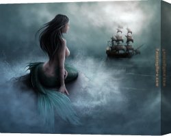 Artist's Canvas Paintings - Mermaid and pirate ship by Unknown Artist