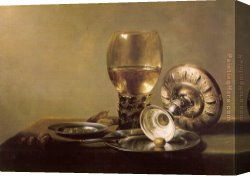 Wine Canvas Paintings - Still Life with Wine Glass and Silver Bowl by Unknown Artist