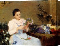 Gilbert Canvas Paintings - Arranging Flowers For A Spring Bouquet by Victor Gabriel Gilbert