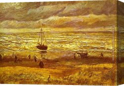 Figure Canvas Paintings - Beach with Figures and Sea with a Ship by Vincent van Gogh