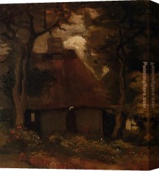Peasants Canvas Paintings - Cottage and Peasant Woman under the Trees by Vincent van Gogh