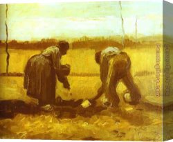 Peasants Canvas Paintings - Peasant Man and Woman Planting Potatoes by Vincent van Gogh