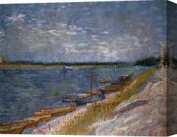 Boats Canvas Paintings - View of a River with Rowing Boats by Vincent van Gogh