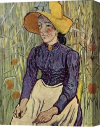 Peasants Canvas Paintings - Young Peasant Woman with Straw Hat Sitting in the Wheat by Vincent van Gogh