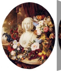 Bust Canvas Paintings - A Still Life With Assorted Flowers, Fruit And A Marble Bust Of A Woman by Virginie de Sartorius