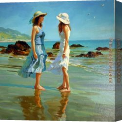Vladimir Canvas Paintings - Dames Sur La Plage by Vladimir Volegov