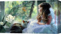 Waterhouse Gather Flower Girls Canvas Paintings - Girl Cat Vase with Flowers by Vladimir Volegov