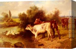 Walter Canvas Paintings - Calves Watering by Walter Hunt