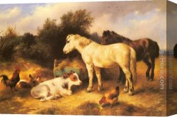 Walter Canvas Paintings - Ponies, A Calf and Poultry In a Farmyard by Walter Hunt