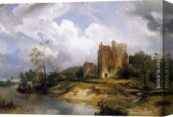 Nuyen Canvas Paintings - River Landscape with Ruins by Wijnandus Johannes Josephus Nuyen