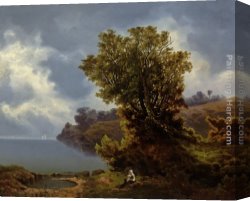 Seated Canvas Paintings - Two Figures Seated Under a Tree with Storm Approaching Beyond by Willem Bodemann