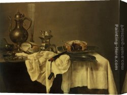Wine Canvas Paintings - A blackberry pie, an upturned cup, salt cellar, wine ewer, roemer knife, tablecloth draped peweter plates by Willem Claesz Heda