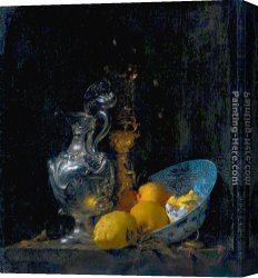Still Life of Marigolds in a Westerwald Jug Canvas Paintings - Still Life with Silver Jug by Willem Kalf