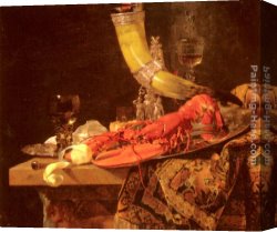 St Sebastian Tended by St Irene Canvas Paintings - Still Life with the Drinking-Horn of the Saint Sebastian Archers' Guild, Lobster and Glasses by Willem Kalf