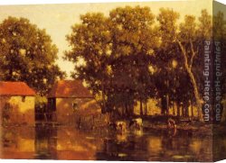 Landscape with Shepherds Watering Their Flocks Canvas Paintings - A Sunlit River Landscape With Cows Watering by Willem Roelofs
