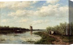 Windmill at Zaandam 2 Canvas Paintings - Figures On A Country Road Along A Waterway, A Windmill In The Distance by Willem Roelofs