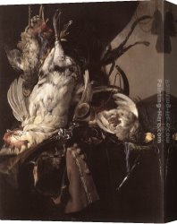 Dead Game Canvas Paintings - Still-Life of Dead Birds and Hunting Weapons by Willem van Aelst
