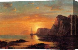Seascape Canvas Paintings - Seascape, Cliffs at Sunset by William Bradford