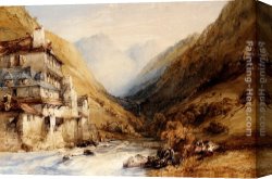 Figure Canvas Paintings - A Figure Fishing In A Mountain Stream by William Callow