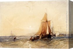 Seascape on a Cliff with Boat And Sunset Canvas Paintings - Fishing Boats Off The Coast At Sunset by William Callow
