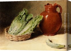Still Life of Marigolds in a Westerwald Jug Canvas Paintings - Still Life With A Jug, A Cabbage In A Basket And A Gherkin by William Henry Hunt