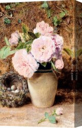The Wasp's Nest Canvas Paintings - Still Life With Roses In A Vase And A Birds Nest by William Henry Hunt